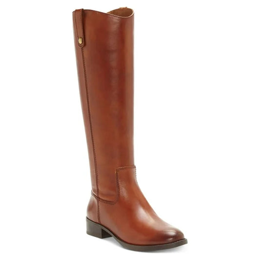 Womens Brown Elastic Goring Pull Tab At Sides Cushioned Studded Fawne Round Toe Block Heel Zip-Up Leather Riding Boot 7.5